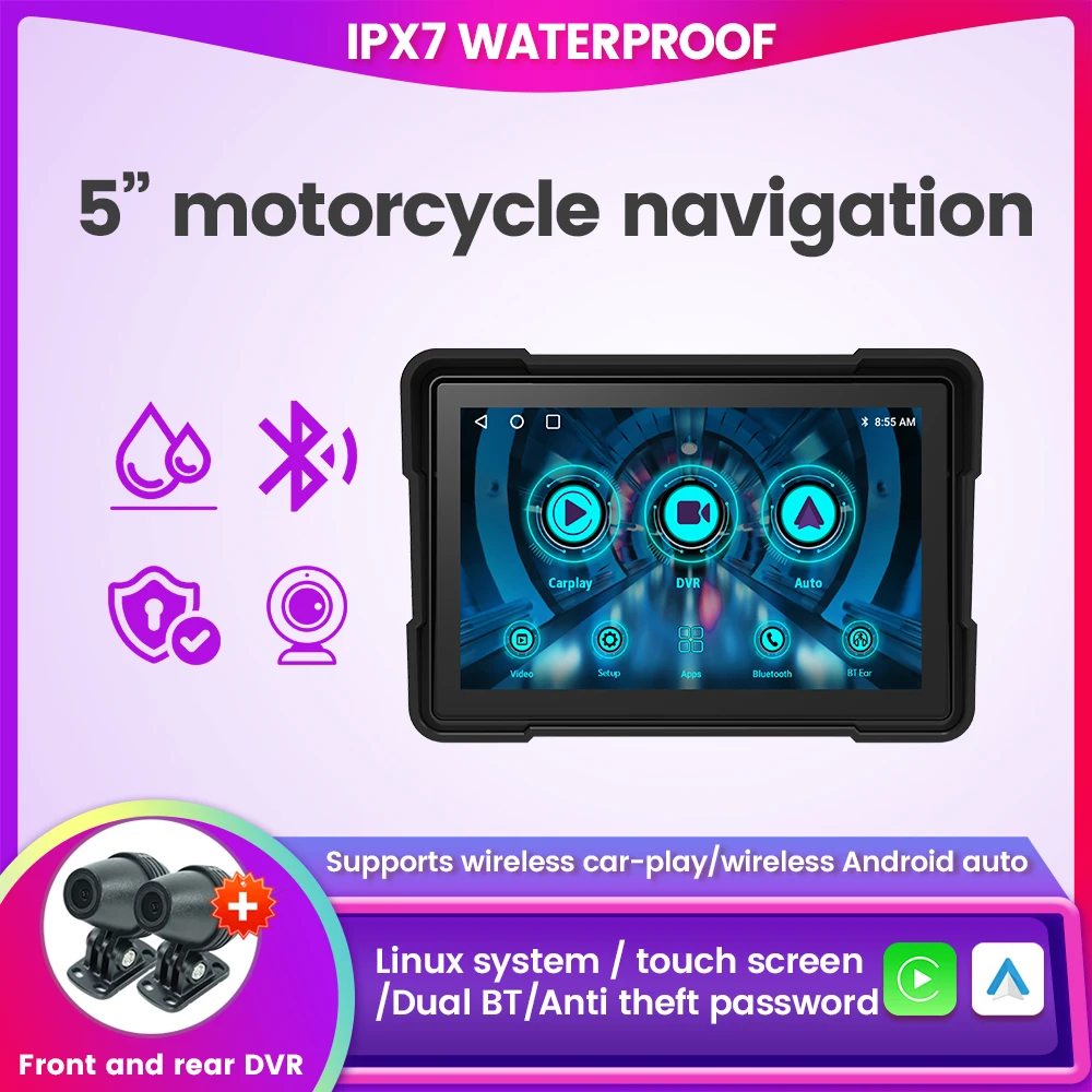 5 İnç Motosiklet Navigasyon GPS Kablosuz CarPlay Android Oto Moto Navigator Su Geçirmez Ekran Ön Arka Çift Kamera Kaydedici Görüntü 0