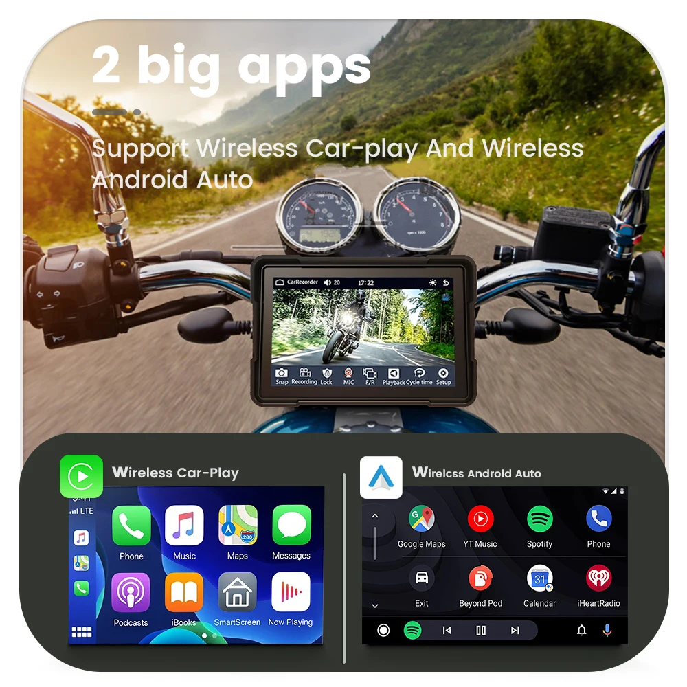 5 İnç Motosiklet Navigasyon GPS Kablosuz CarPlay Android Oto Moto Navigator Su Geçirmez Ekran Ön Arka Çift Kamera Kaydedici Görüntü 1