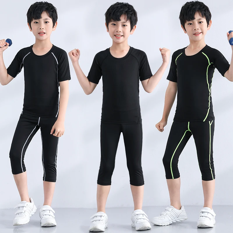 2 adet / takım Çocuk boys Eşofman Gym Fitness Sıkıştırma Spor Takım Elbise Koşu Koşu Spor Giyim Egzersiz Egzersiz Tayt Görüntü 0