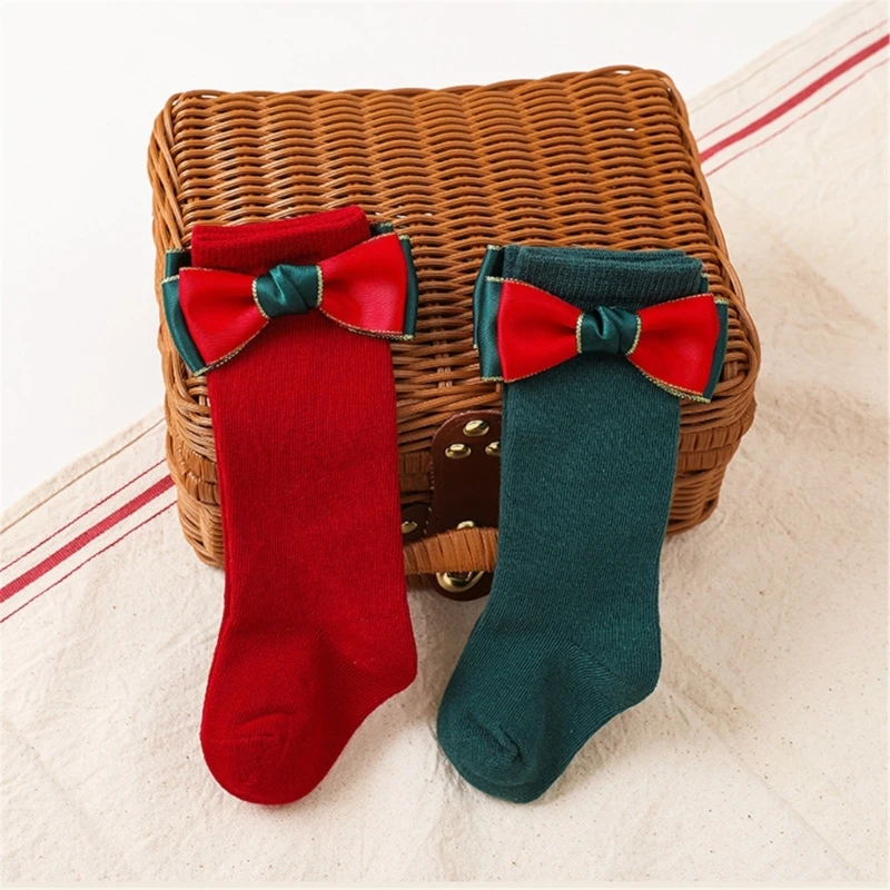 2 Çift Bebek Kız Noel Çorap Papyon Dekorasyon çocuk Diz Boyu Çorap Elastik Nefes Tüp Çorap Görüntü 0