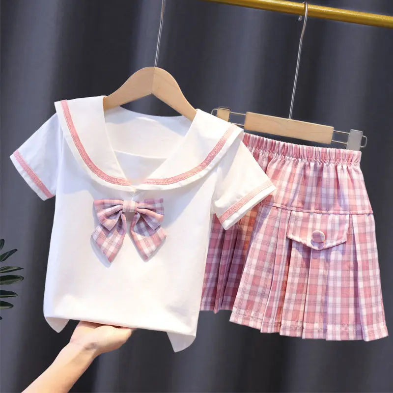 2023 Yaz Kore Seti Kız Yeni Takım Elbise 2 ADET Okul Prenses Resmi Moda Çocuk Mont Elbise Etek Uzun Gömlek Yay Pilili Elbise Görüntü 0