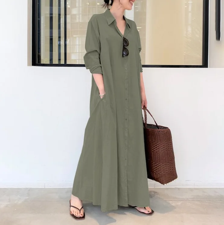 2023 yaz elbisesi Artı Boyutu 4XL 5XL Pamuk Keten Cep Maxi Elbise Kadınlar için Bluzlar Streetwear Gevşek Katı Uzun Elbiseler Vestido Görüntü 0