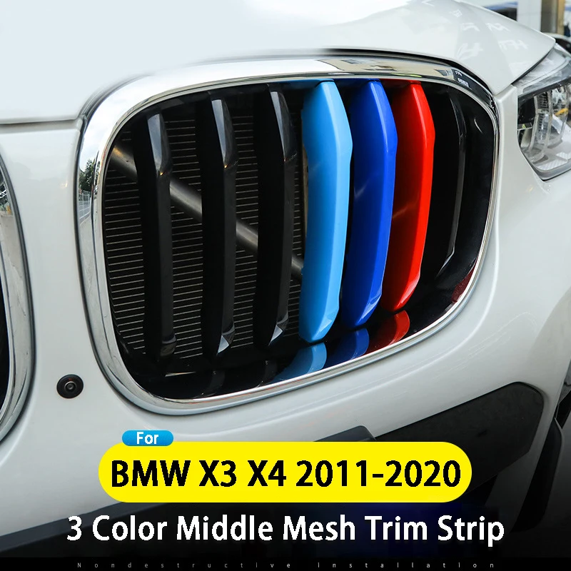3 Adet Üç Renkli ABS Ön İzgara Trim Şerit Araba Ön Izgara kapak ağı dekorasyon çıkartmaları BMW X3 X4 F25 F26 G01 G02 2011-2020 Görüntü 0