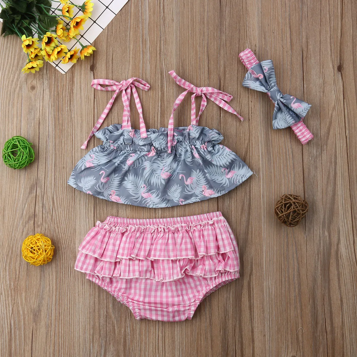 3 adet Yenidoğan Toddler Bebek Kız Mayo Bikini Setleri Flamingo Baskı Mayo Tankini Toddler Beachwear Bebek Kız Giysileri 0-24M Görüntü 0