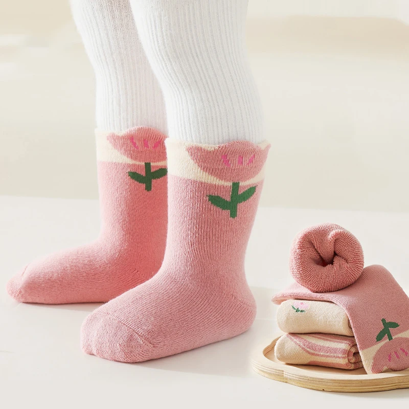3 Çift / paket Çocuk Çorap Bebek Kız Tatlı Çiçek Çizgili Kış sıcak tutan çoraplar Terry Kalınlaşmak Pamuk Çorap Çocuklar İçin Küçük Kız Erkek Görüntü 0
