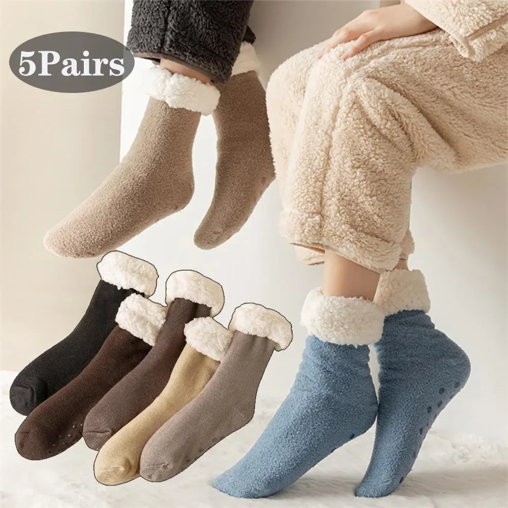 5 Pairs kış Lambswool kat çorap kadın kış ev Uyku çorap ekstra kalın kalınlaşmış ayak ısınma soğuk kar çorap erkekler Görüntü 0