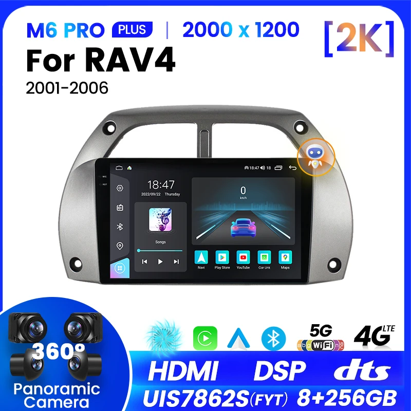 8G + 256G Android 12.0 2Din Araba Radyo Multimedya Video Oynatıcı Navigasyon GPS Toyota RAV4 2001 2002 2003 2004 2005 2006 CarPlay Görüntü 0