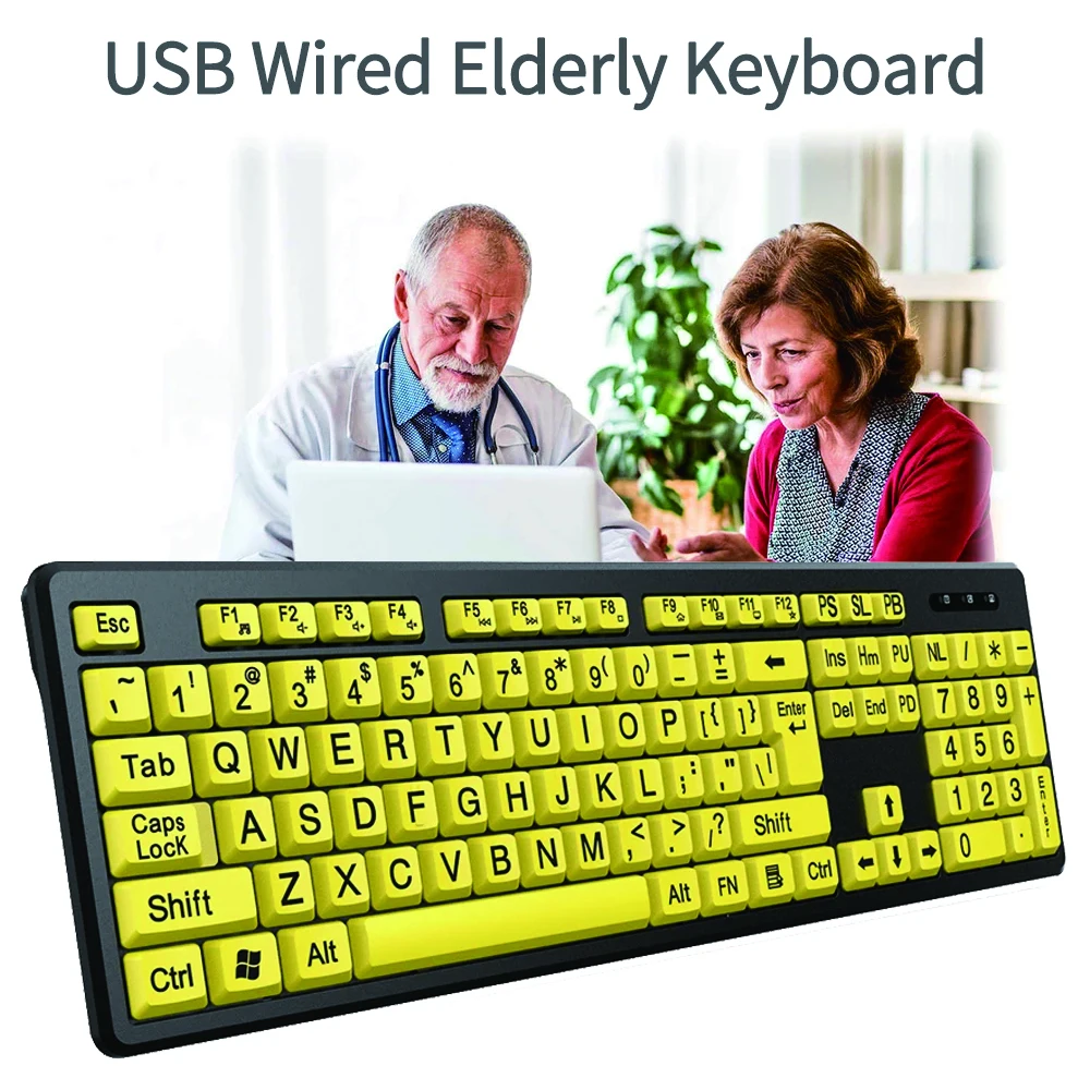Büyük Yazı Tipi Baskı USB Kablolu Klavye 104 Tuşları Tam Boy Bilgisayar Klavye Yaşlılar için Büyük Karakter Klavye Görüntü 0