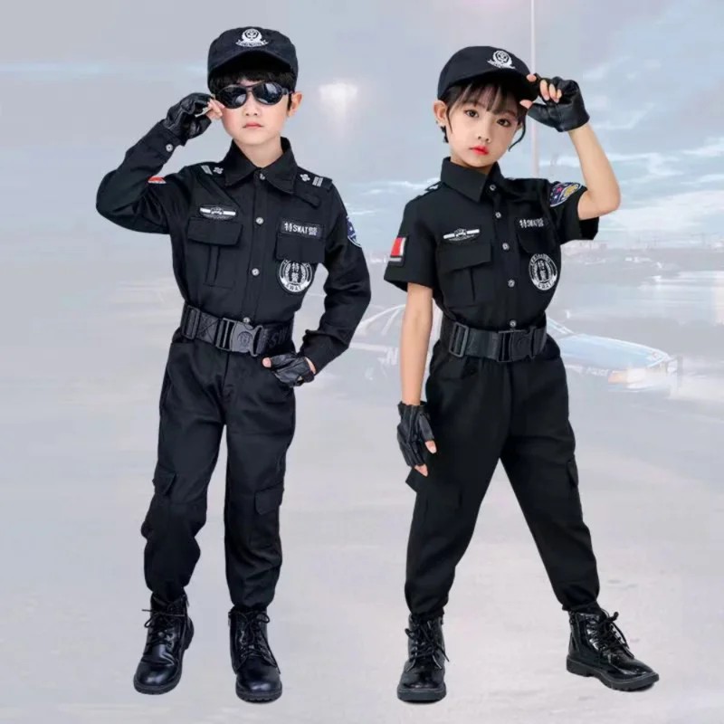 Cadılar bayramı Çocuk Polis Cosplay Kostüm Erkek Kız Çocuk Polis Üniforma Ordu Polis giyim setleri Parti Elbise Hediye Görüntü 0