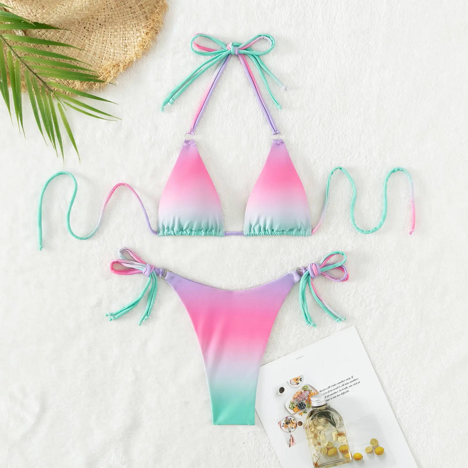 Degrade Renk Bikini Set Kadınlar Push-up Yüksek Kesim İki Parçalı Mayo Boho Halter Dantel-up Sütyen + Düşük Bel Tanga Beachwear Görüntü 0