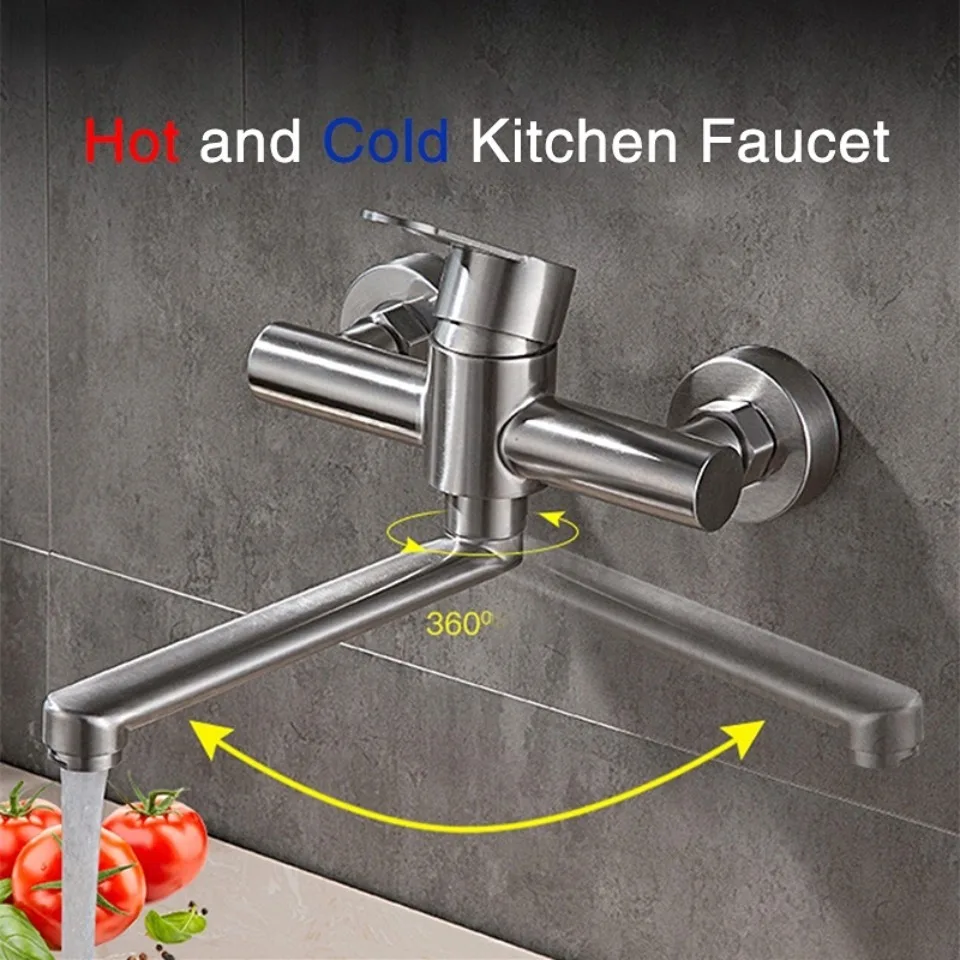 Duvara Monte Musluk Püskürtücü ile 6 İnç (15mm) Merkezi Ticari mutfak lavabo musluğu Fırçalanmış Nikel paslanmaz çelik lavabo bataryası Musluklar Görüntü 0