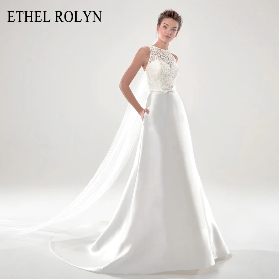 ETHEL ROLYN A-Line düğün elbisesi 2022 Zarif Saten Dantel O-boyun Backless Yay Kolsuz Vintage gelin kıyafeti Vestido De Noiva Görüntü 0