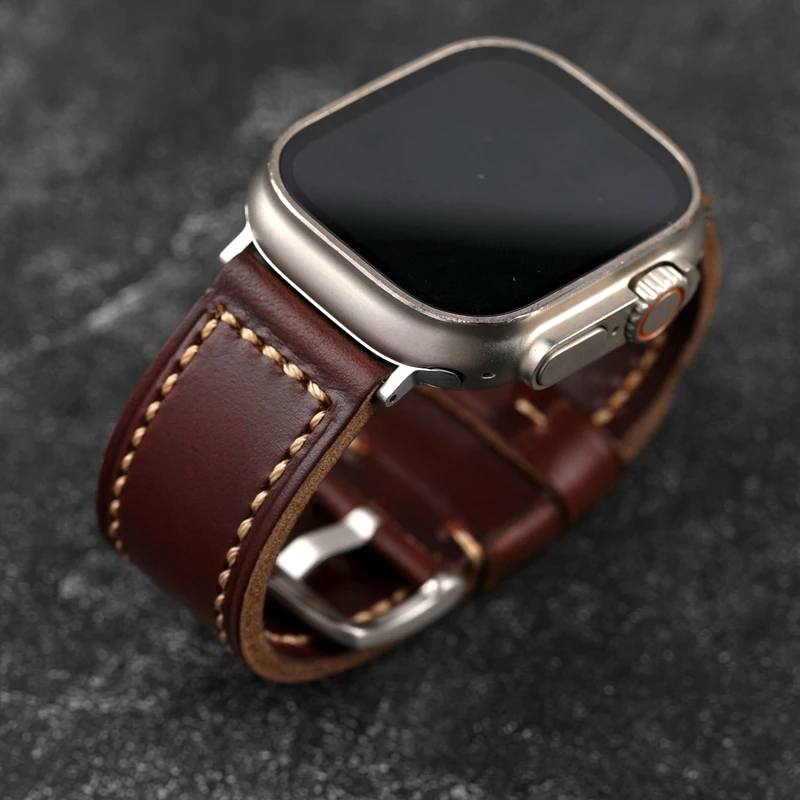 El yapımı Kafa Katman Dana Deri Kordonlu Saat İçin Uygun İwatch Apple Watch 8 ultra 49mm 45 44 Kahverengi Kalınlaşmış Erkekler Kordonlu Saat Görüntü 0