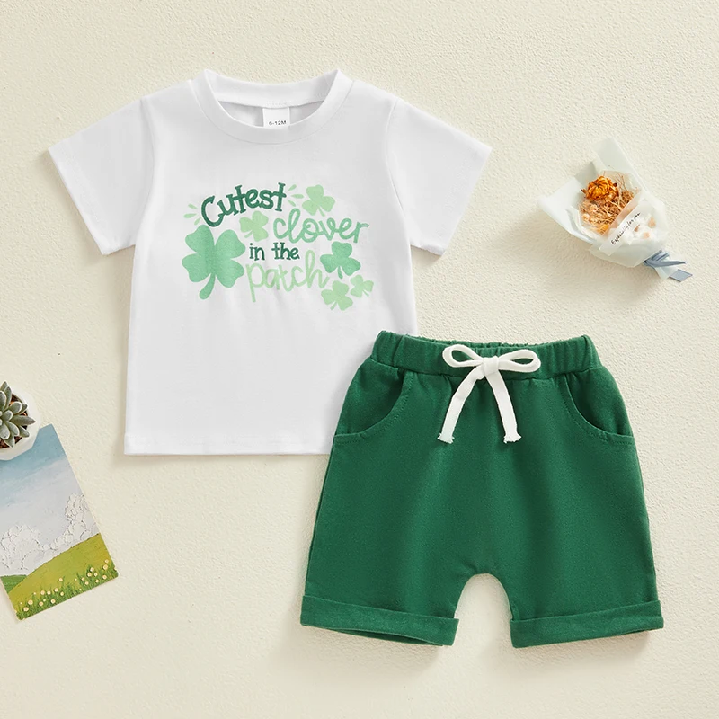Erkek bebek Kız St Patrick Giysileri Kısa Kollu Gömlek Üst Haddelenmiş şort takımı Yaz Şirin Yonca Baskı Kıyafetler Görüntü 0