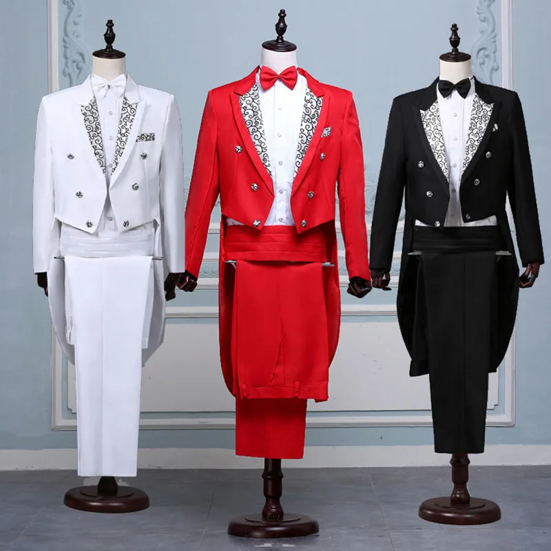 Erkekler Balo Sahne Yaka Takım Elbise Kuyruk (ceket + pantolon) ceket Damat Jakarlı Homme Şarkıcı Düğün Beyaz Kırmızı Takım Elbise Siyah Smokin Kostüm Görüntü 0