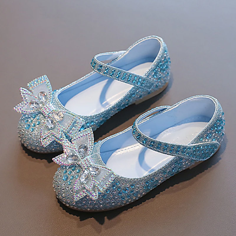 Fantezi Peri Elsa Prenses Ayakkabı fiyonk Glitter Düz Elbise Ayakkabı Kızlar Bling Cosplay Kostüm Kristal Parti Çocuk Kız Ayakkabı Görüntü 0