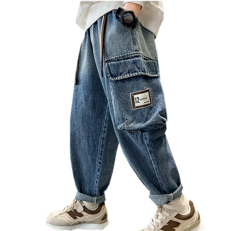 Ilkbahar Sonbahar Çocuklar Rahat Kargo Pantolon Büyük Erkek Çocuk Moda Vintage Pantolon Pamuk Sweatpants Genç Erkek Kot 14 İla 5Yrs Görüntü 0
