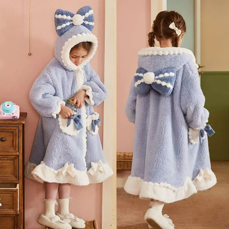 Kapşonlu Çocuk Bornoz Kızlar için Prenses çocuk Gecelik Kış Kalınlaşmak Flanel Kız Pijama Bebek Mercan Polar Ev Elbise Görüntü 0