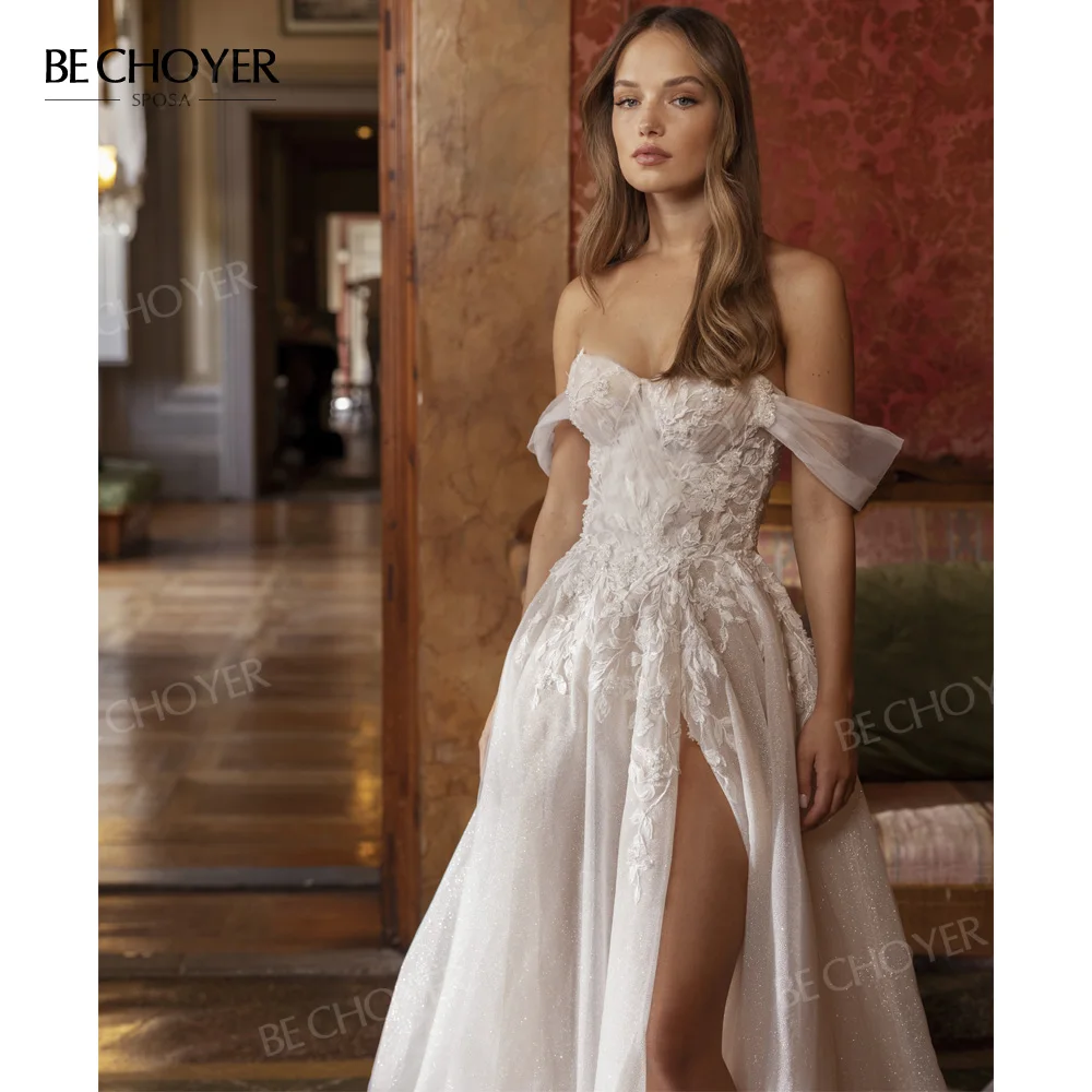Kolsuz düğün elbisesi Kapalı Omuz A-Line Plaj Aplikler Gelin Kıyafeti 2024 Prenses BECHOYER R176 Artı Boyutu Vestido de Noiva Görüntü 0