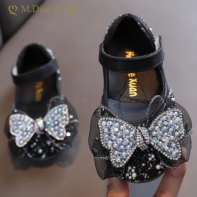 Kızlar Sevimli Yay Performans deri ayakkabı Bahar çocuk Sequins Prenses Ayakkabı Moda Çocuklar Yumuşak Alt Kristal Tek ayakkabı Görüntü 0