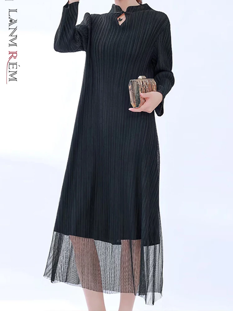 LANMREM Örgü Dikiş Pilili Elbise Kadın Standı Yaka Uzun Kollu Vintage Elbiseler Bayanlar Zarif Giyim 2024 Yeni 32A337 Görüntü 0