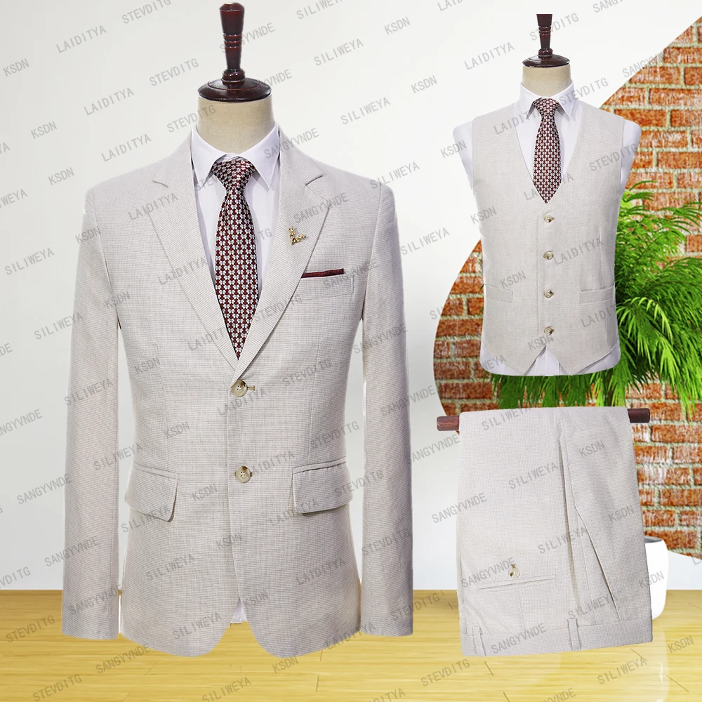 Lüks erkek Takım Elbise Düğün 2024 Açık Haki Tek Göğüslü Resmi iş ceket İnce Üç Parçalı Takım Elbise (Ceket + Pantolon + Yelek) Görüntü 0