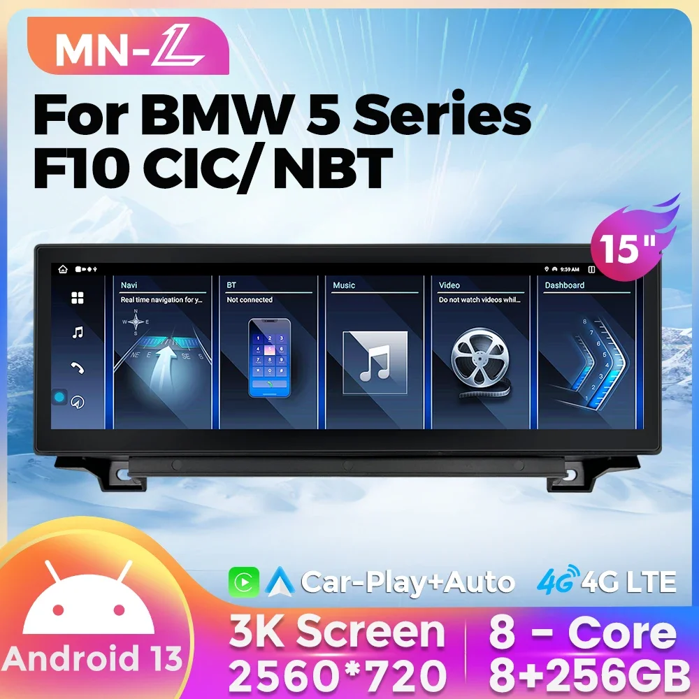 MN-L 15 İnç Araba Radyo Ses 8G+256G BMW 5 Serisi İçin F10 F11 520i CIC NBT Android 13 Multimedya Video Oynatıcı 2560 * 720 3K Ekran Görüntü 0