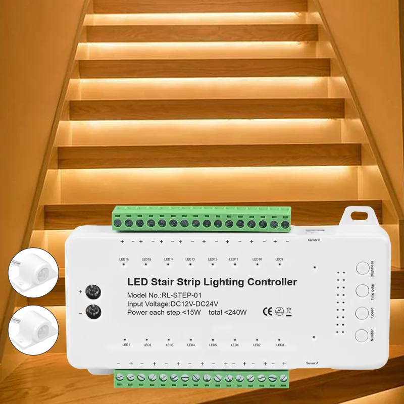 Merdiven LED Hareket Sensörü Kontrolörü DC12V 24V 16 Kanal Kapalı PIR Gece ışık dimeri Merdiven İçin Esnek Şerit Görüntü 0