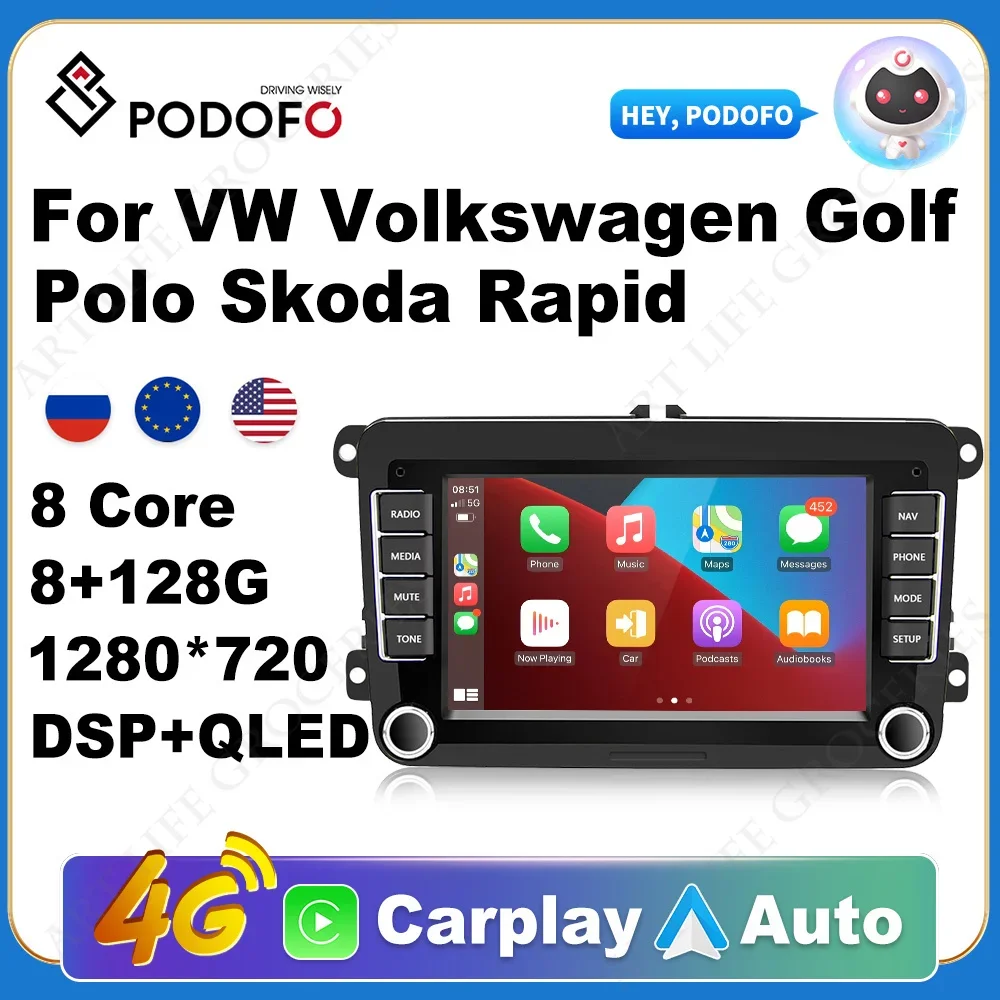 Podofo Android 10 VW Volkswagen Golf Polo Skoda Hızlı Octavia Radyo Tiguan Passat b7 Jetta 2 Din Otomatik Carplay GPS Radyo128G Görüntü 0