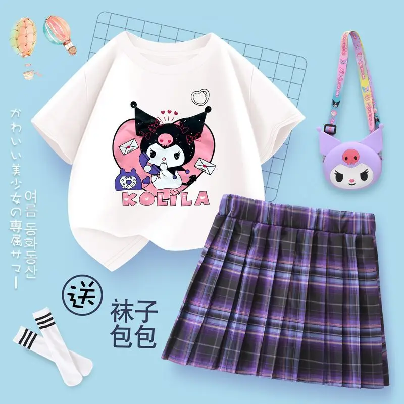 Sanrio hello kitty Kısa Kollu Etek Takım Elbise kuromi Yaz Yeni çocuk T-Shirt Pilili Etek kız JK Üniforma Y2K elbise bozuk para cüzdanı Görüntü 0