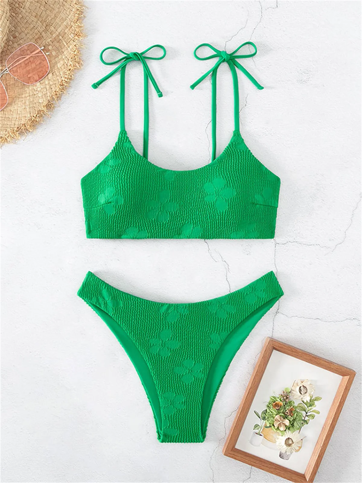 Seksi Kravat Askısı bikini seti Kadınlar Katı Yeşil Çiçek Tasarımcı Push Up İki Parçalı Mayo Plaj Mayo Tanga Mayo 2023 Görüntü 0