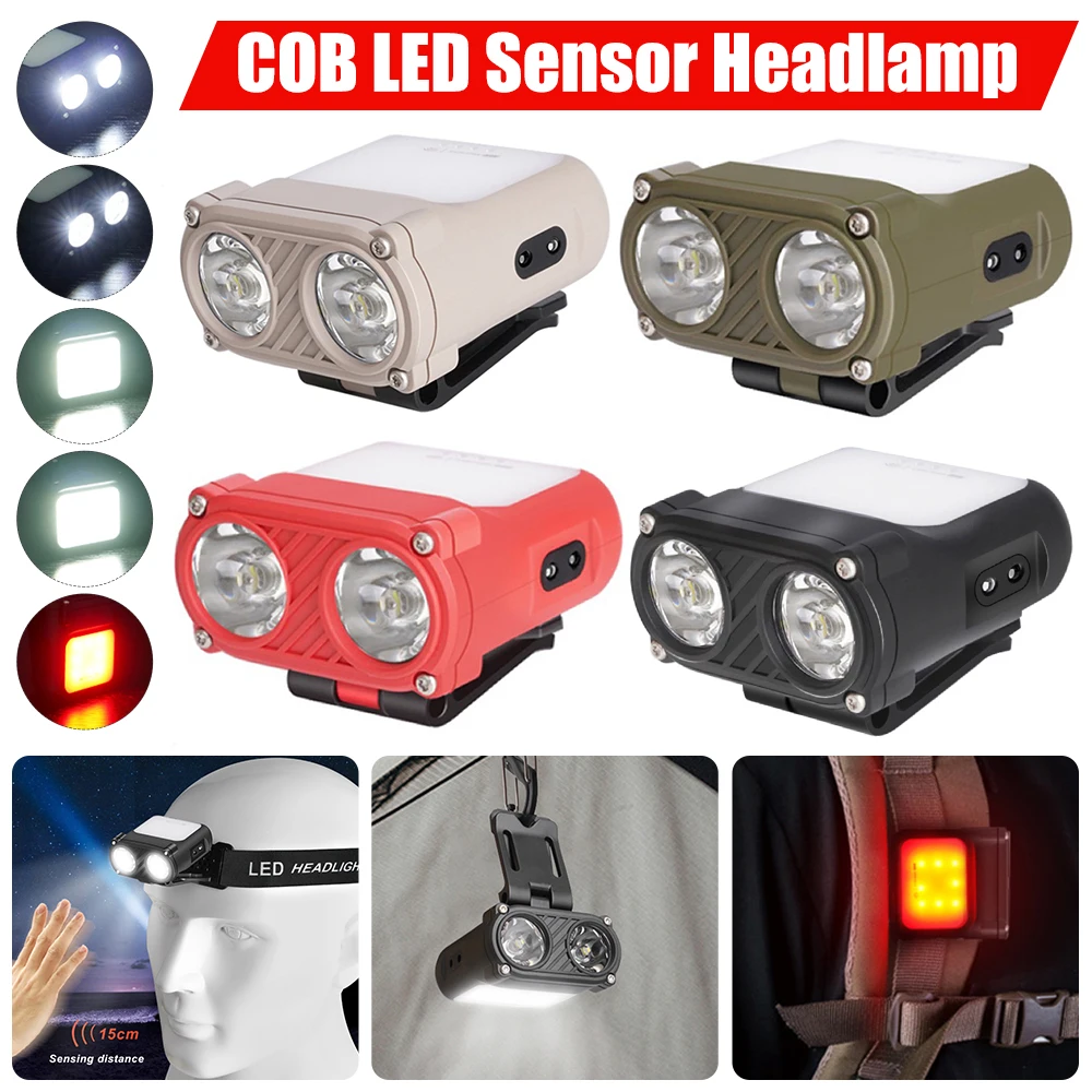 Sensör kep lambası LED klips ışık 6 aydınlatma modları COB LED Far Su Geçirmez USB şarj edilebilir kafa lambası kamp balıkçılık için Görüntü 0