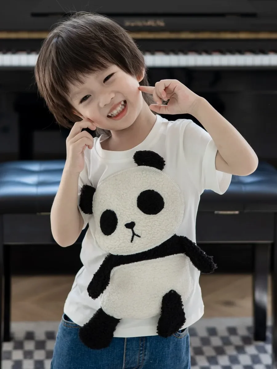 Sevimli karikatür 3D Küçük Panda kısa kollu t-shirt çocuk Erkek ve Kız Bebek Üst Yaz Görüntü 0