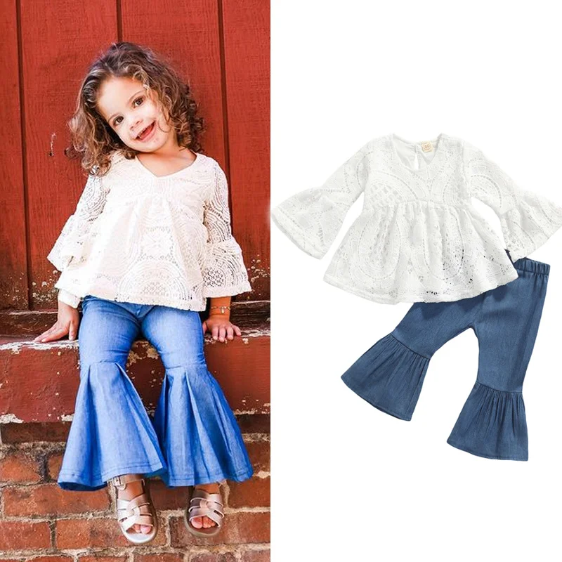 Sonbahar Bebek Çocuk Kız Giyim Setleri 2 adet Dantel Çiçek Uzun Ruffles Kollu t shirt + denim Flare Pantolon 1-5y Görüntü 0