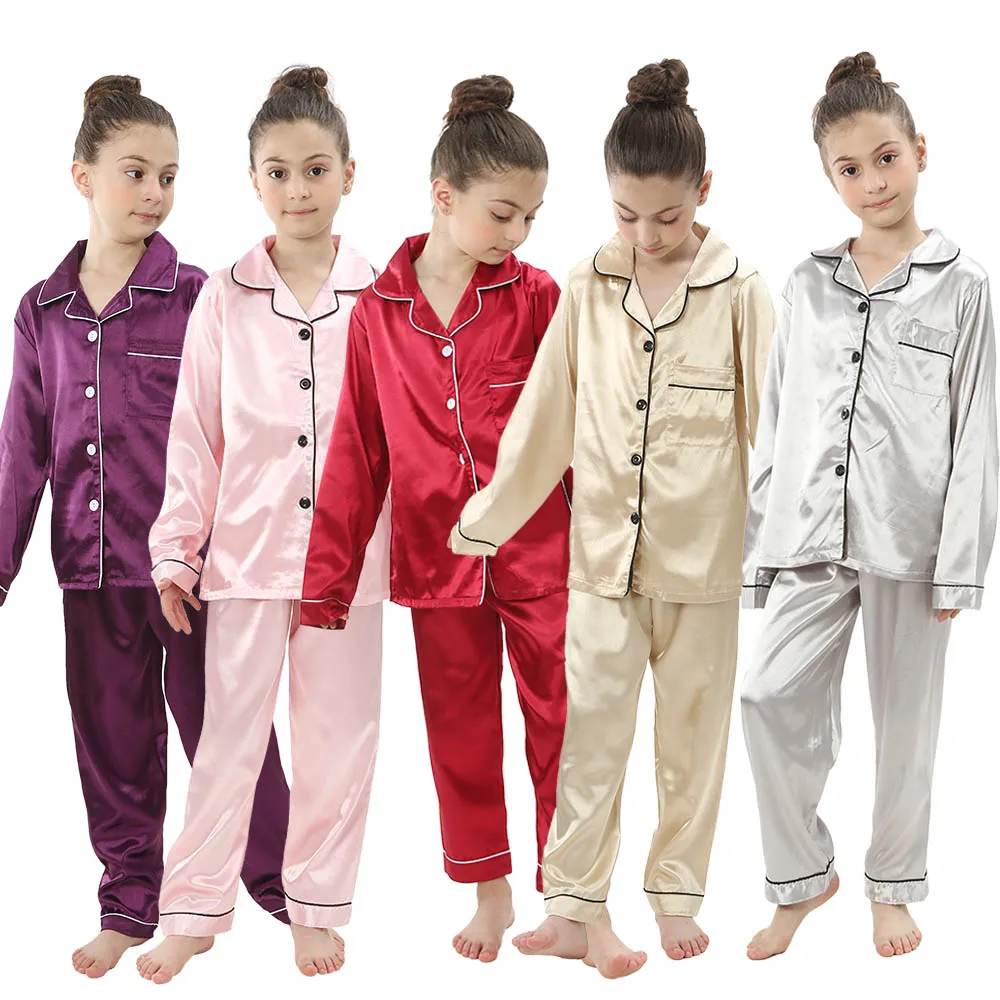 Toddler Bebek Kız Erkek İpek Pijama Uzun Kollu Katı Düğme Aşağı Saten Pijama Setleri Çocuk Pijama Gecelikler Çocuk Pijama Görüntü 0