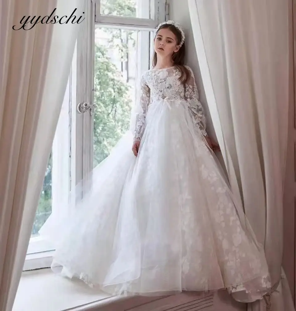 Uzun Kollu Çiçek Kız Elbise Prenses Zarif Aplikler İlk Communion Elbise Bebek Kız doğum Günü partisi elbiseleri Görüntü 0