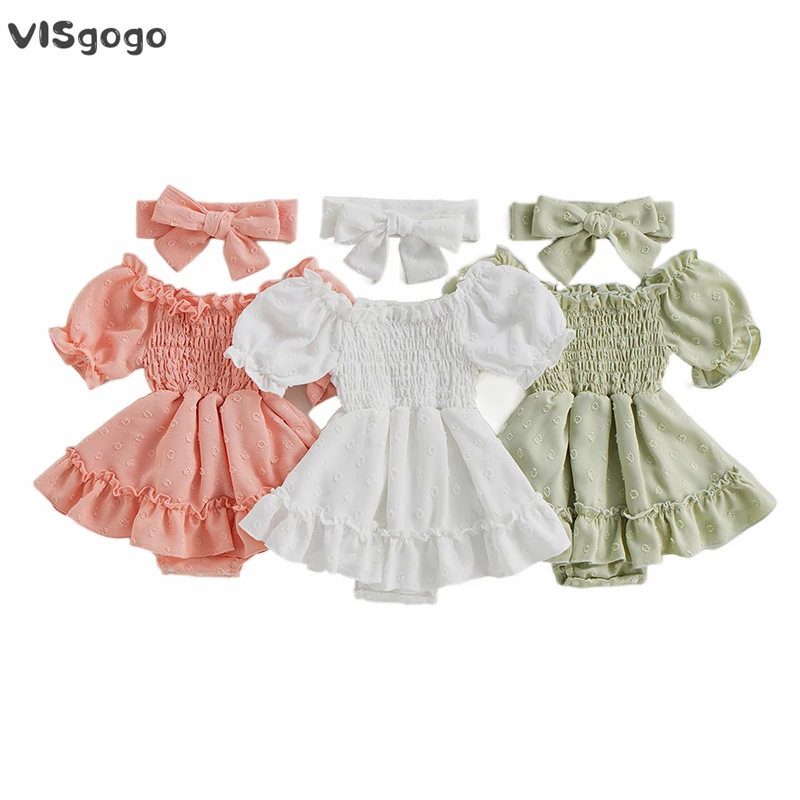 VISgogo Toddler Bebek Kız Romper Elbise Nokta Desen Elastik Tekne Boyun Kısa Kollu Dantelli Etekler Etek Tulumlar Kafa Bandı ile Görüntü 0