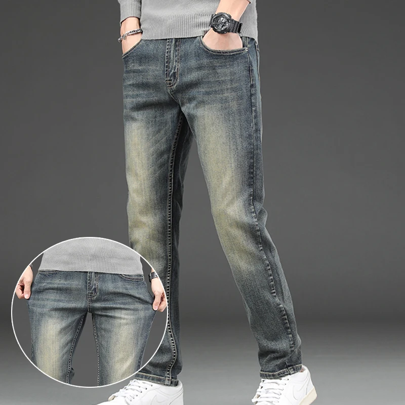 Yeni High-End Retro Kot erkekler için Düzenli Fitl Düz Bacak kot pantolon Elastik Trend Moda Eski Artı Boyutu Görüntü 0