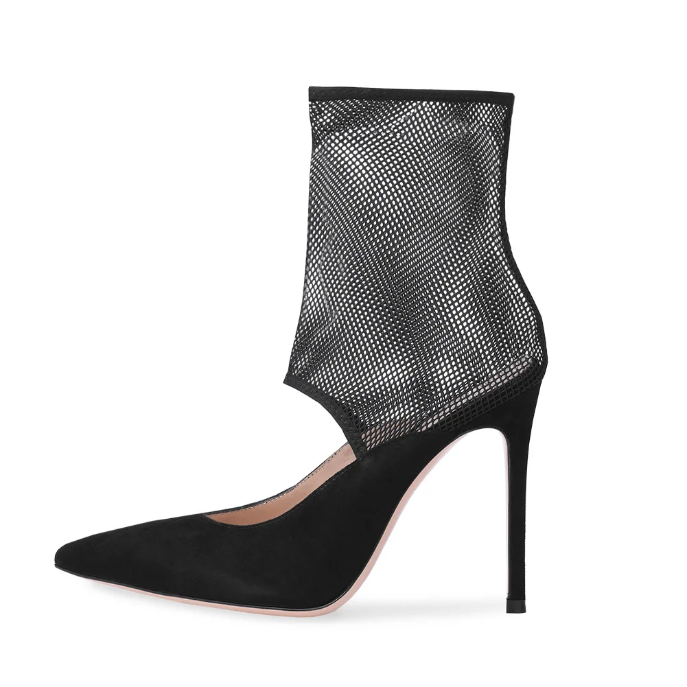 Yeni Moda Tasarımcısı Yaz Chaussure Femme Süet Örgü Ekleme Stilettto yarım çizmeler İçi Boş Artı Boyutu kadın ayakkabısı Görüntü 0