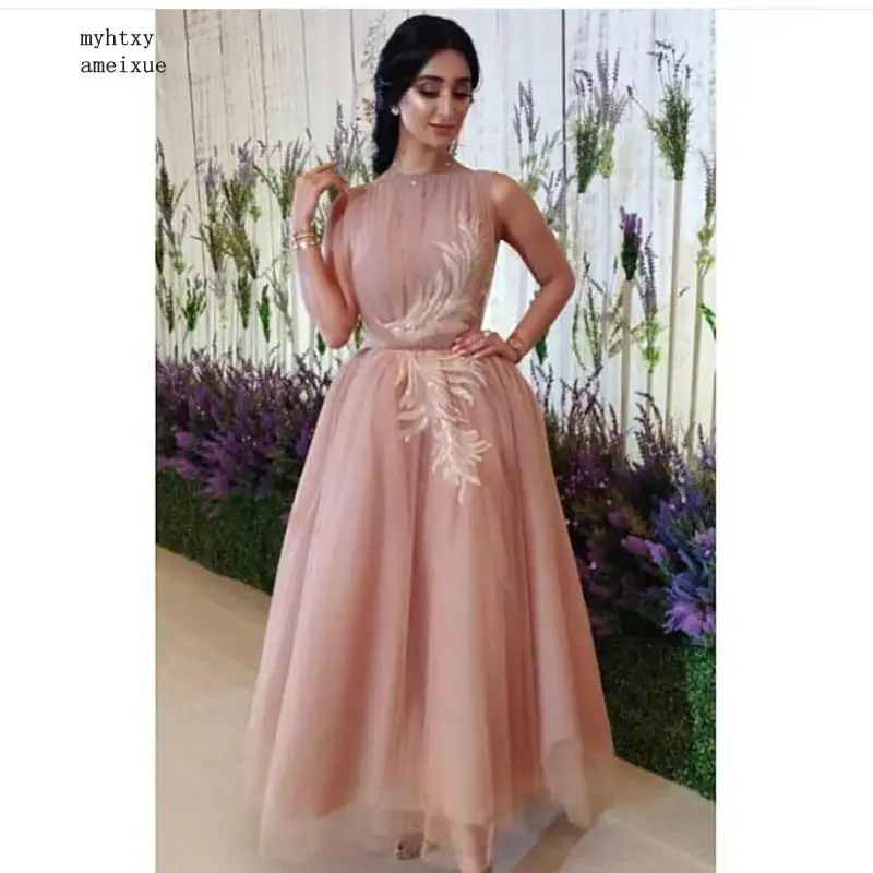 Yeni Varış Pembe Tül Dubai Cheaparabic Akşam Elbise 2020 Dantel Aplikler gece elbisesi Abiye Resmi Elbise Parti Robe De Soiree Görüntü 0
