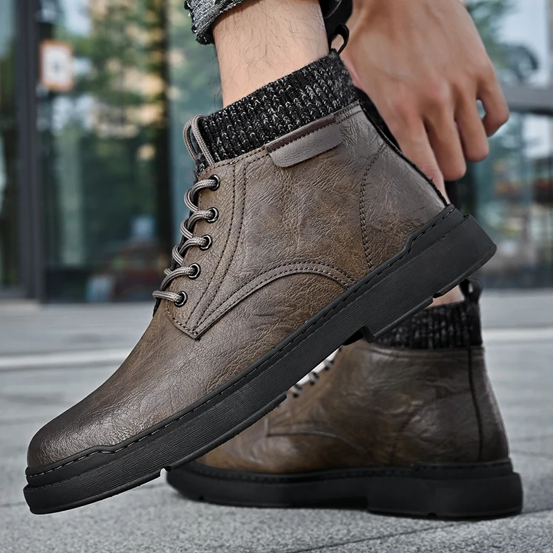 Yüksek Kaliteli erkek Hakiki Deri yarım çizmeler Kış Yeni Platform Çorap kısa çizmeler Erkekler için Moda İnek Derisi Erkek iş ayakkabısı Görüntü 0