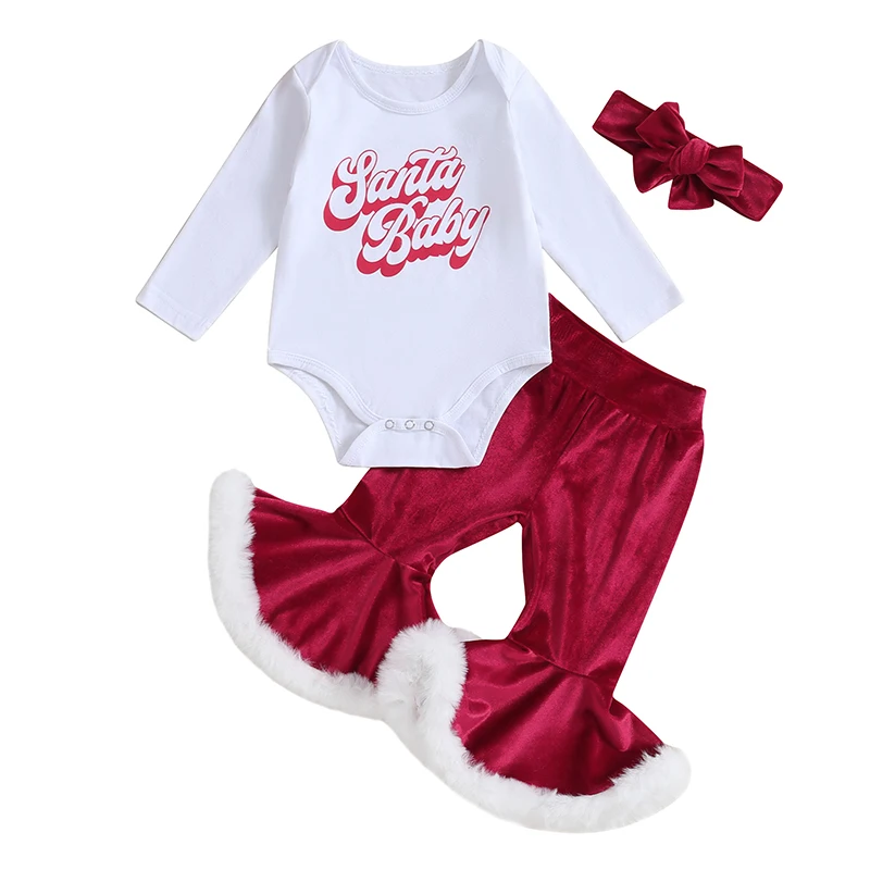 Yürümeye başlayan çocuk giysileri Kız Noel Kıyafetleri Mektup Baskı Uzun Kollu Tulum Flare Pantolon Kafa Bandı 3 Adet Set Bebek Giyim Görüntü 0