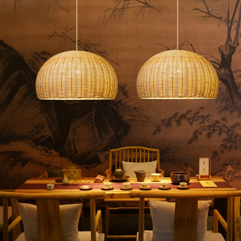 ZK50 Rattan Dekoratif Avize Rattan Sanat Dokuma Bambu Lamba Gölge Restoran Yatak Odası Çin Tarzı Aydınlatma Armatürleri E27 Görüntü 0