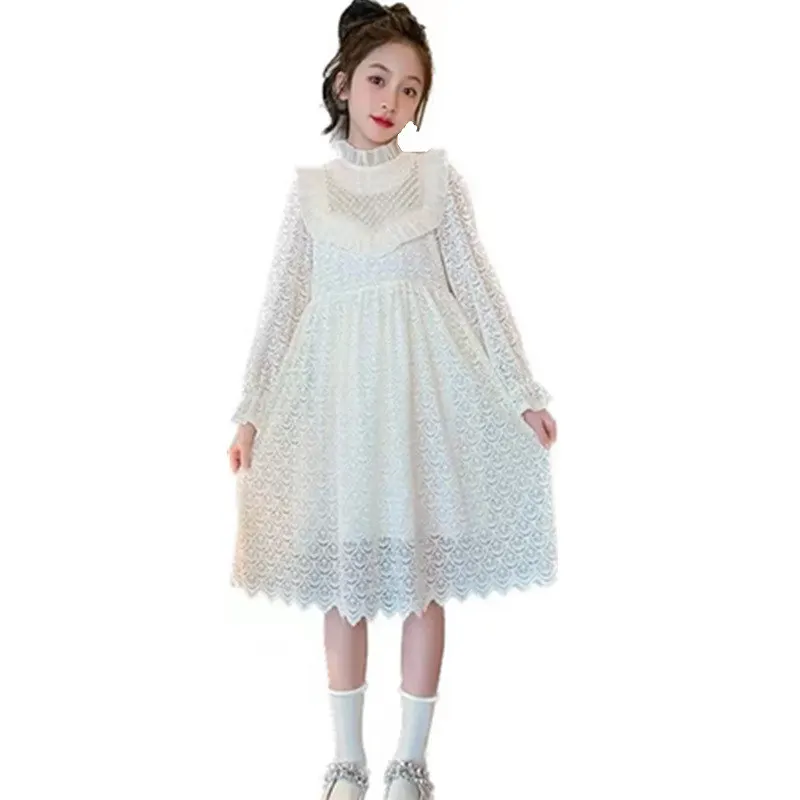 Zarif Beyaz Dantel Prenses Elbise Kız 2023 İlkbahar Yaz Uzun Kollu Bej Elbise Parti Akşam Kostüm 4-14Years Çocuk Görüntü 0