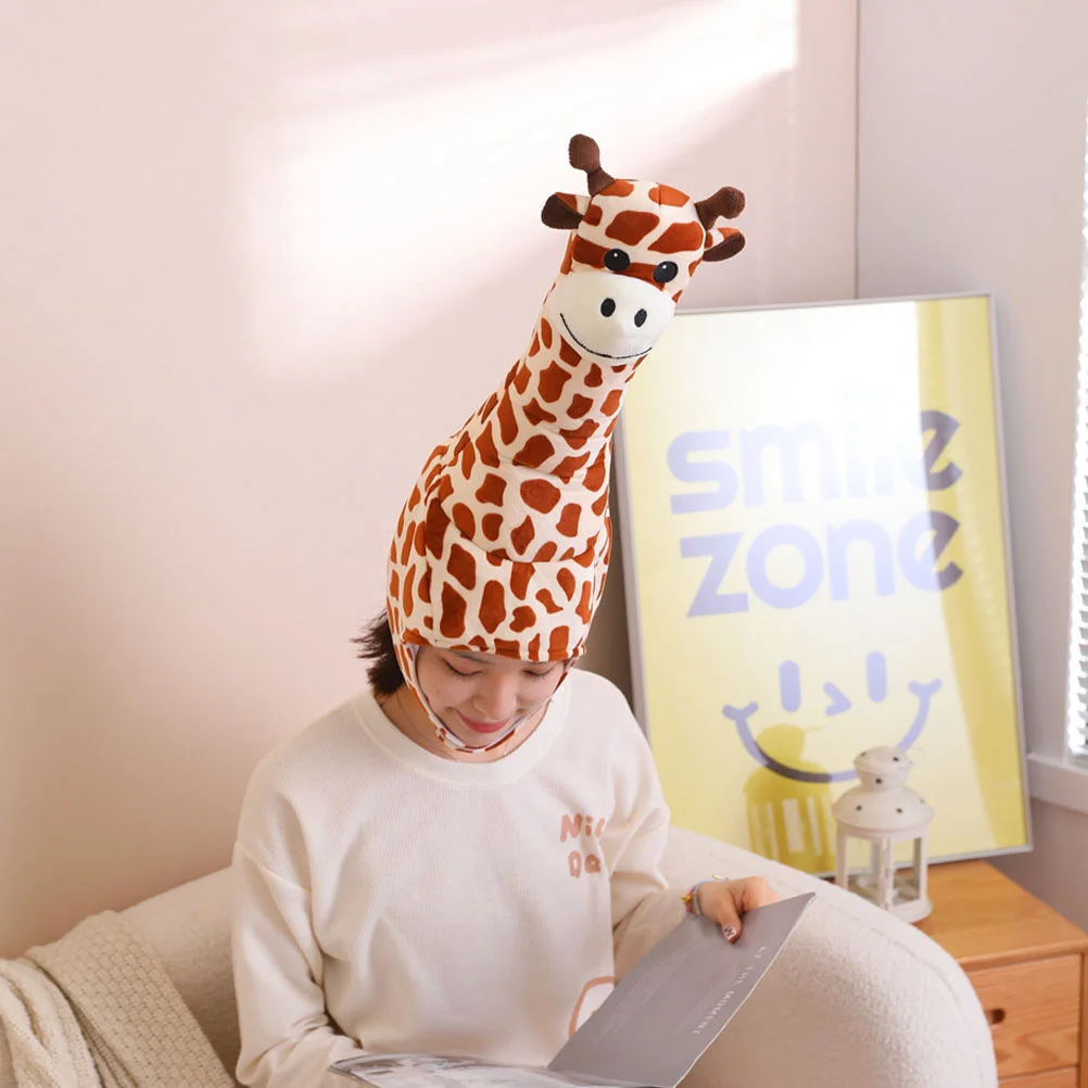 Zürafa Kostüm Şapka Peluş Şapka Komik Zürafa Şekli Şapkalar Yenilik Hayvan Şapka Peluş Zürafa Headdress Parti Selfie Zürafa Görüntü 0