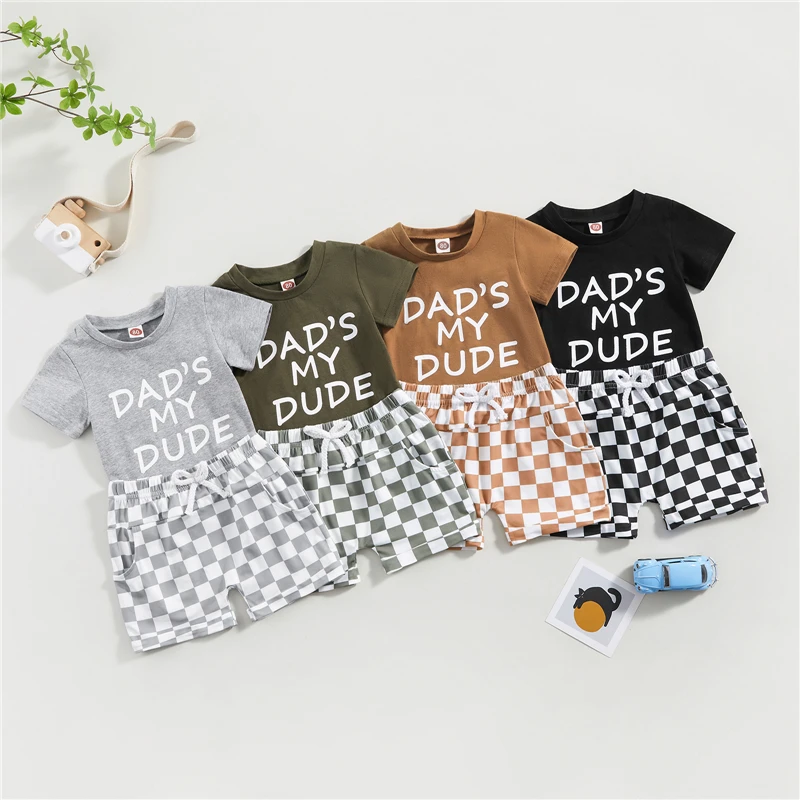 Çocuk Boys yaz giysileri Kıyafetler Toddler Mektup Baskı kısa Kollu tişörtler ve Dama Tahtası Baskı Şort 2 Adet Takım Elbise Görüntü 0