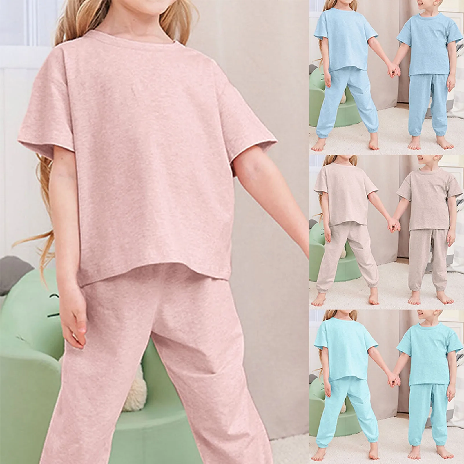 Çocuk Düz Renk Kısa Kollu Tişört + Pantolon Yaz Günlük Rahat Ev Giysileri Bobin Kız Bir Yıldız Doğdu Kıyafet Görüntü 0