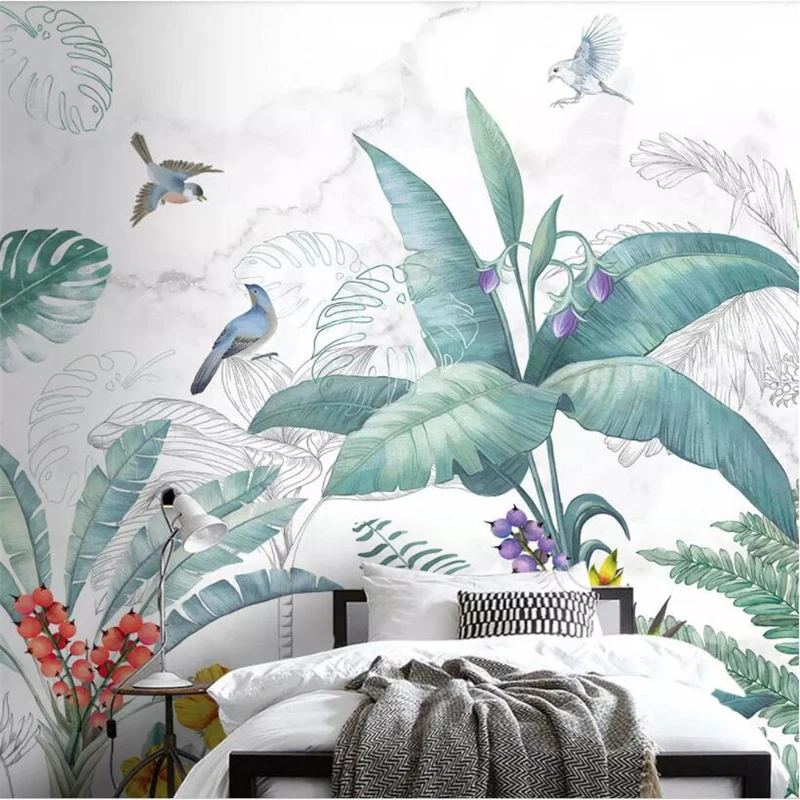Özel duvar kağıdı İskandinav el-boyalı küçük taze tropikal bitkiler çiçekler ve kuşlar TV kanepe arka plan 3d duvar kağıdı Görüntü 0