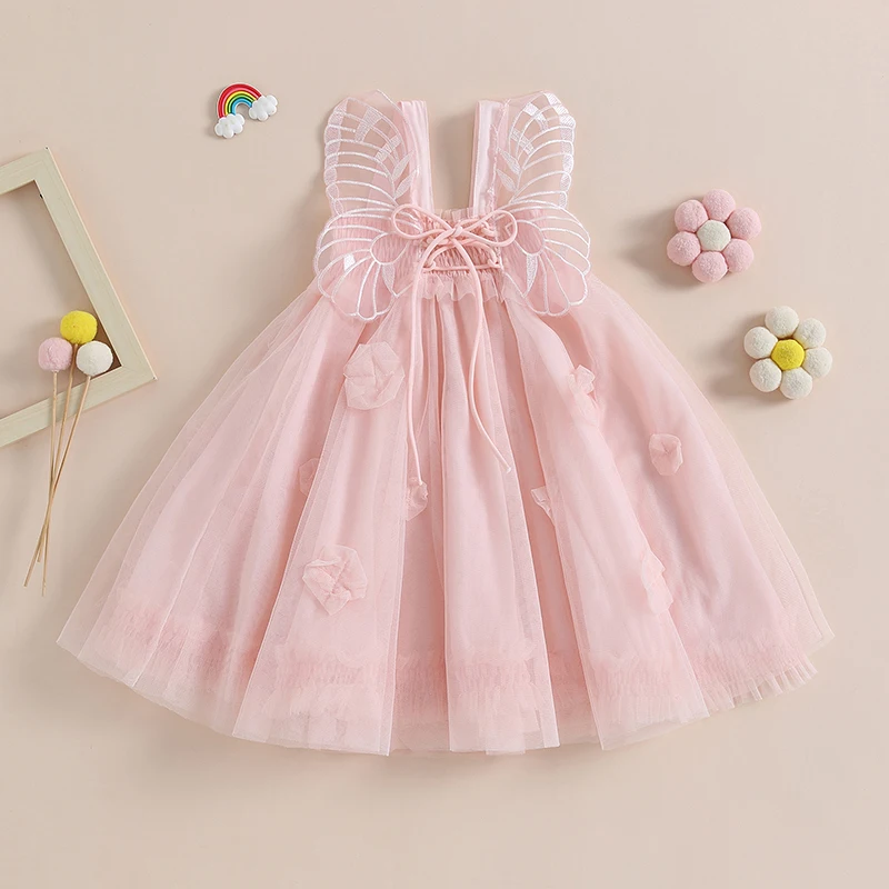 1-5Y Çocuk Kız Fairycore Prenses Elbise Kelebek Kanat Kolsuz Sling Örgü Tül Elbise evaze elbise Bebek yaz giysileri Görüntü 1