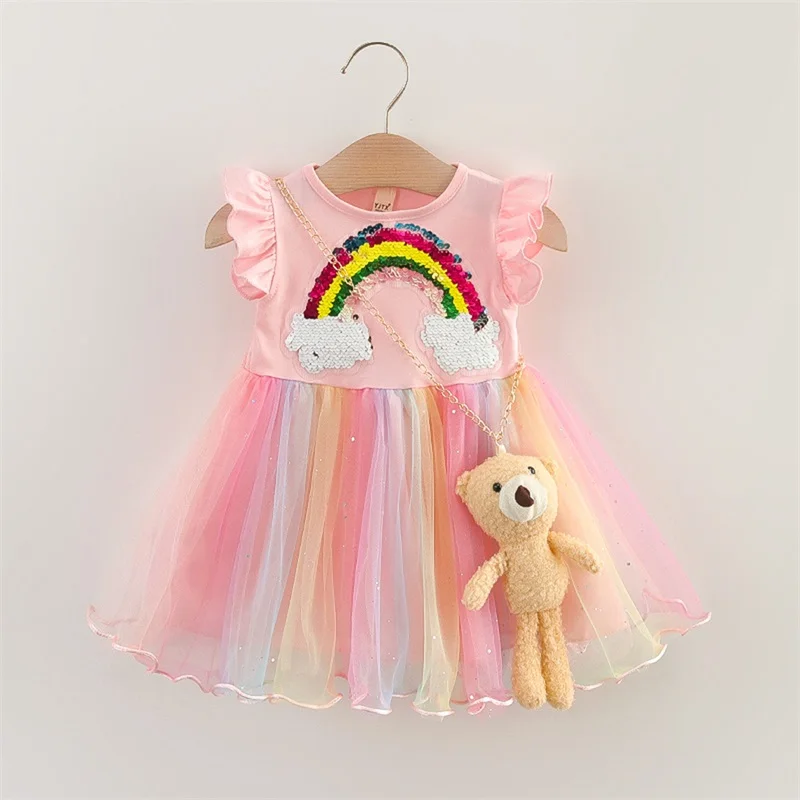 1-5years Çocuklar Kız Örgü Elbiseler Kolsuz Yuvarlak Boyun Gökkuşağı Ruffled Prenses Elbise Kızlar İçin A-Çizgili Parti Yüksek Bel Elbise Görüntü 1